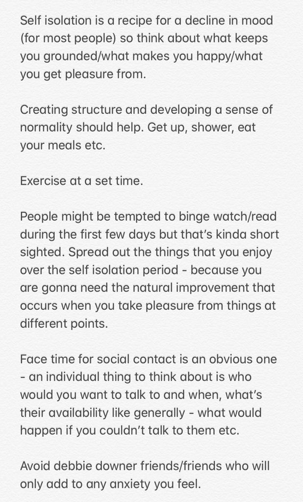 tolly_t's tweet photo. One of my closest friends is a psychologist and she knows that self isolation would literally ruin my mental health, so she sent me some tips, might be useful for you lot. x https://t.co/deO1PXJtYY