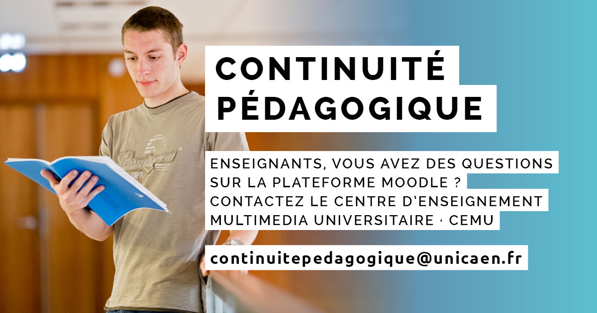 Universite_Caen's tweet photo. #UNICAEN met en place un dispositif spécifique permettant d'assurer la continuité pédagogique. Ce dispositif est piloté par l’équipe du Centre d'enseignement multimedia universitaire @CemuCaen.
ℹ https://t.co/Vyc9D6bKuP https://t.co/ZGmTsyPSHh