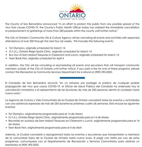 colonylibrary's tweet image. Ontario City Library&apos;s Teen Book Fest to be held April 4th has been officially cancelled.  Please read the following:
#OCLTBFCancelled #InCOHSLibrary