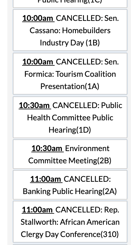 draco2002's tweet photo. @SenatorCohenCT can you let us know what the status of the "Environment Committee Meeting" is for Monday? Looks like everything else is cancelled on the calendar but that meeting? https://t.co/n3b5jY2qjW