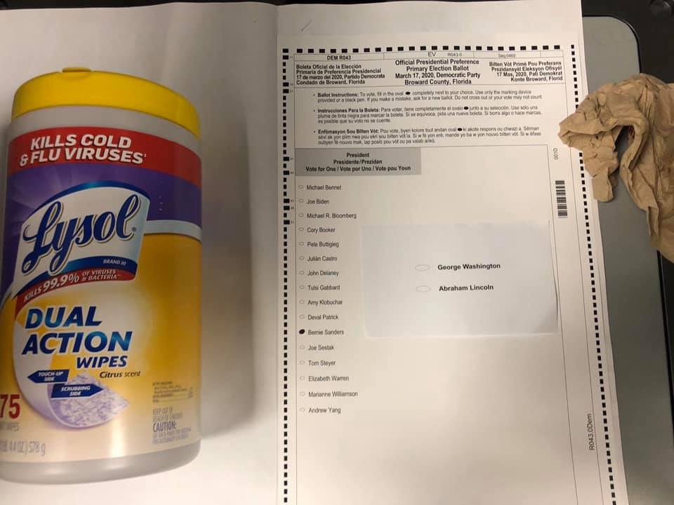 FL4Bernie2020's tweet photo. Kevin casts his early vote for Bernie Sanders in Broward County...with a side of hand sanitizer and a sense of humor. #FloridaForBernie #Bernie2020 #FLPrimary #BernieIsRight #EarlyVotingWeek https://t.co/Ba4n432aTQ