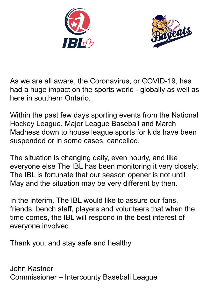 CBLBaycats's tweet photo. COVID-19 Update. #IBLBaseball https://t.co/YiogNxxgwU
