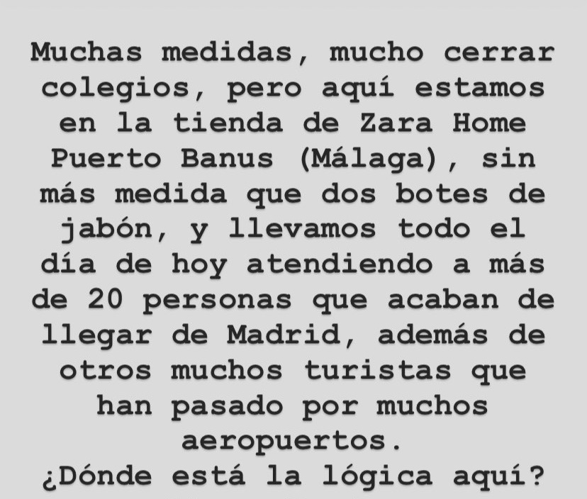 Marramgon's tweet photo. Asi estamos: hoy a las 12 de la mañana teníamos la tienda llena de gente que acaban de llegar desde Madrid a sus maravillosas “vacaciones” en marzo , gente que debía estar en sus casas. Yo me quedo en casa, pero si tengo que estar 8h cara al público de poco sirve https://t.co/XMUJp9f8qm