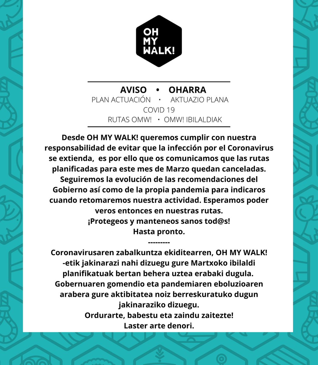 ohmywalk's tweet photo. 📢 AVISO- OMW! - OHARRA 📢

Ante el #CODVID19 seamos tod@s responsables #quedatencasa Izan gaitezen zentzudunak. https://t.co/OaUIU7ri6s