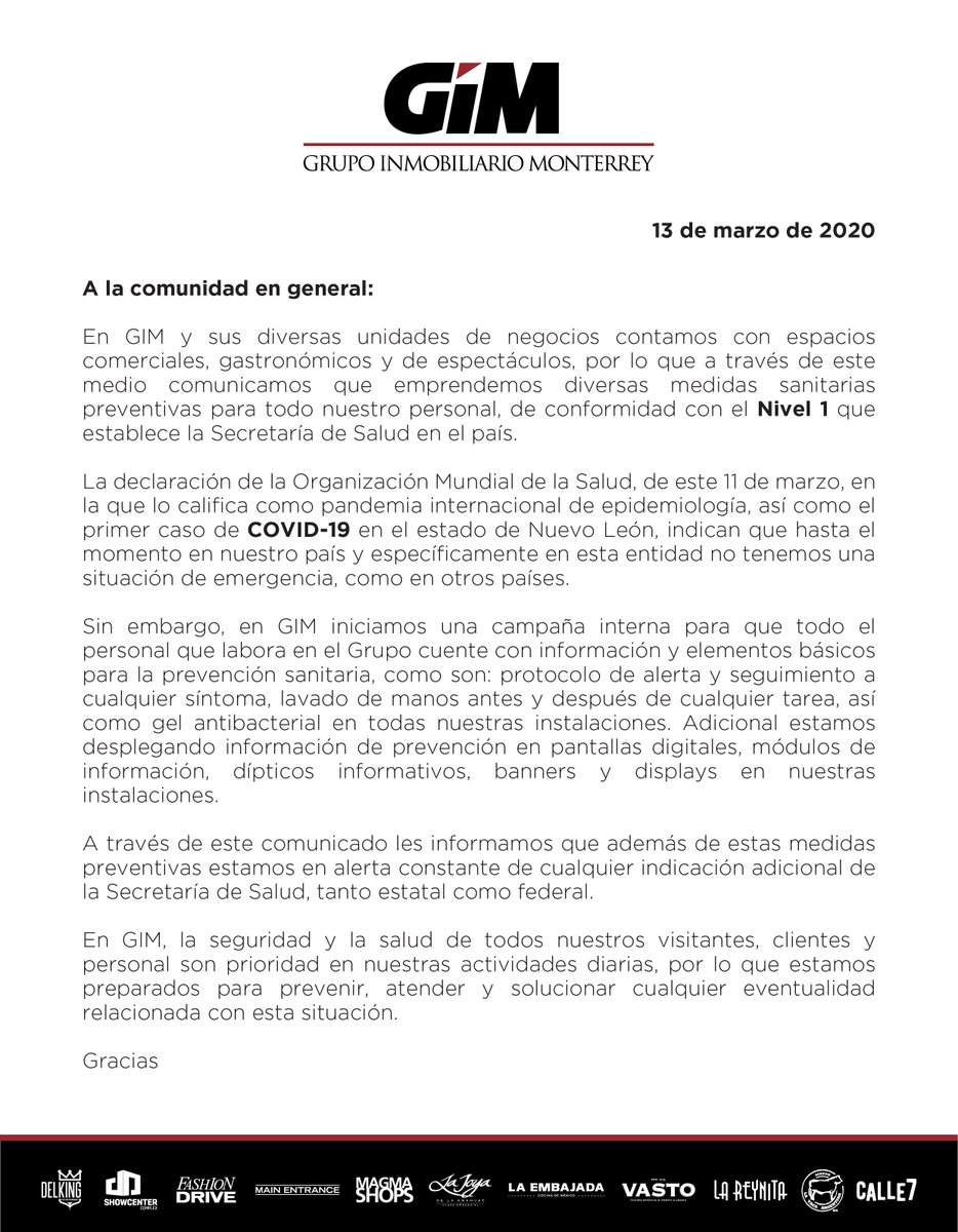 COMUNICADO IMPORTANTE

En <a href="/grupo_gim/">Grupo GIM</a> la seguridad y salud de nuestros visitantes, clientes y personal son prioridad.
.
.
.

#GrupoGIM
#FashionDrive
#Covid19
#SPGG
#Monterrey
#NL