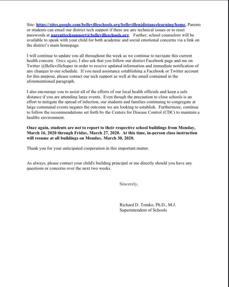 BPSSchool8's tweet photo. Belleville Public Schools will be suspending classroom instruction beginning March 16 and return to classes on March 30. Please visit the BPS website for more information. #BHS #BUCS https://t.co/cWKYRlsMAx