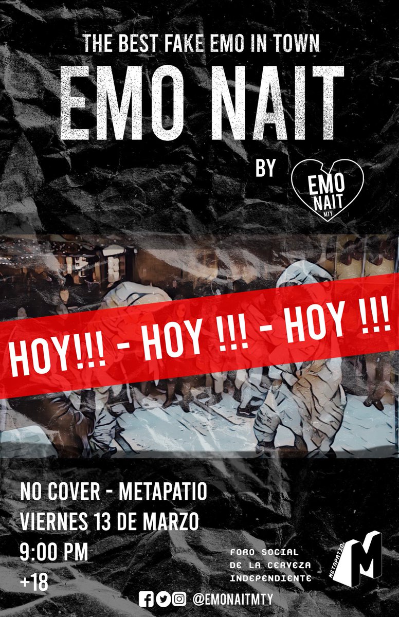 Ya es hoy la Emo Nait! Nos vemos en #Metapatio y recuerden que empezamos en punto de las 9 PM. 😉 Lleguen temprano, NO COVER!

+18

Más info en el Evento: facebook.com/events/s/emo-n…