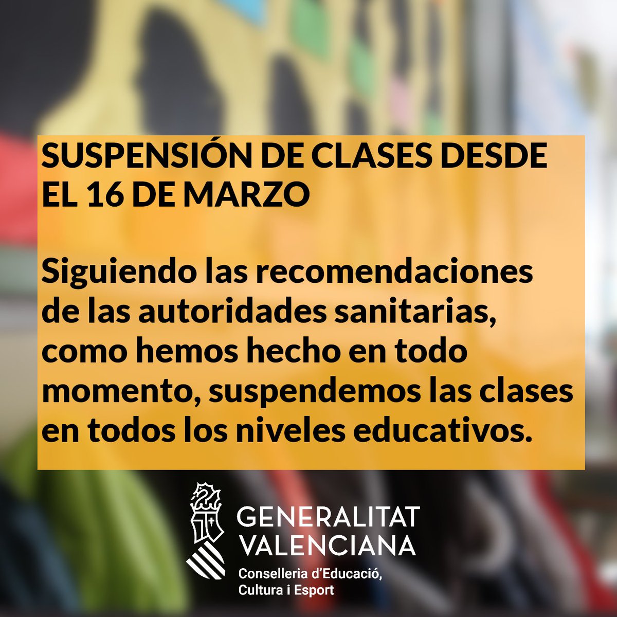 📌 Tal com ens han determinat les autoritats sanitàries, se suspenen les classes temporalment als centres educatius des del 16 de març fins que es valore una disminució del risc de contagi del COVID-19 que permeta retornar a la normalitat a les aules.