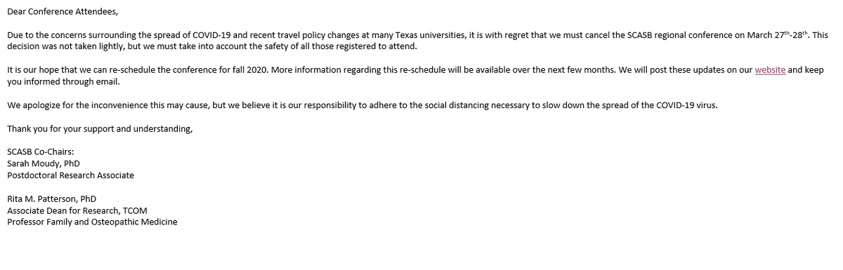 HMPLab's tweet photo. Please see the update regarding #SCASB 2020 from our Co-Chairs @sarah_moudy and @ritampatterson . https://t.co/v08qwYHVlE