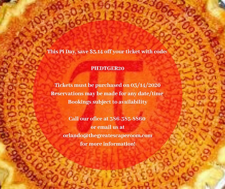 You won’t wanna miss this sweet deal! Save $3.14 off your ticket on Pi Day! Call to book your reservation 386-385-8860 or book online through the link in our bio! 🥧⏳