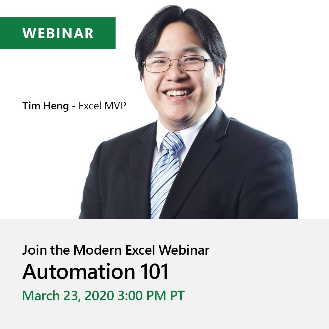 msexcel's tweet photo. Join Tim Heng in the latest Modern #Excel webinar and explore the basics of automation with Visual Basic for Applications and macros. Register now for the webinar happening Monday, March 23 at 3:00 PM PT: https://t.co/TAZLaxHf65