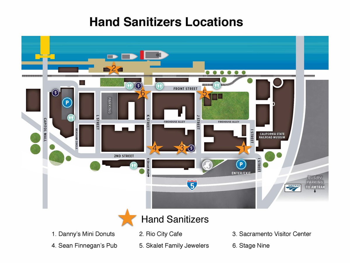There are 6️⃣ locations at the #OldSacramentoWaterfront where visitors can find alcohol-based hand sanitizing stations: 
• Sacramento Visitor Center
• Danny’s Mini Donuts
• Sean Finnegan’s Pub
• <a href="/stagenine/">Stage Nine</a> 
• Skalet Family Jewelers
• <a href="/RioCityCafe/">Rio City Cafe</a> 

#BeSafeSupportLocal 🤗