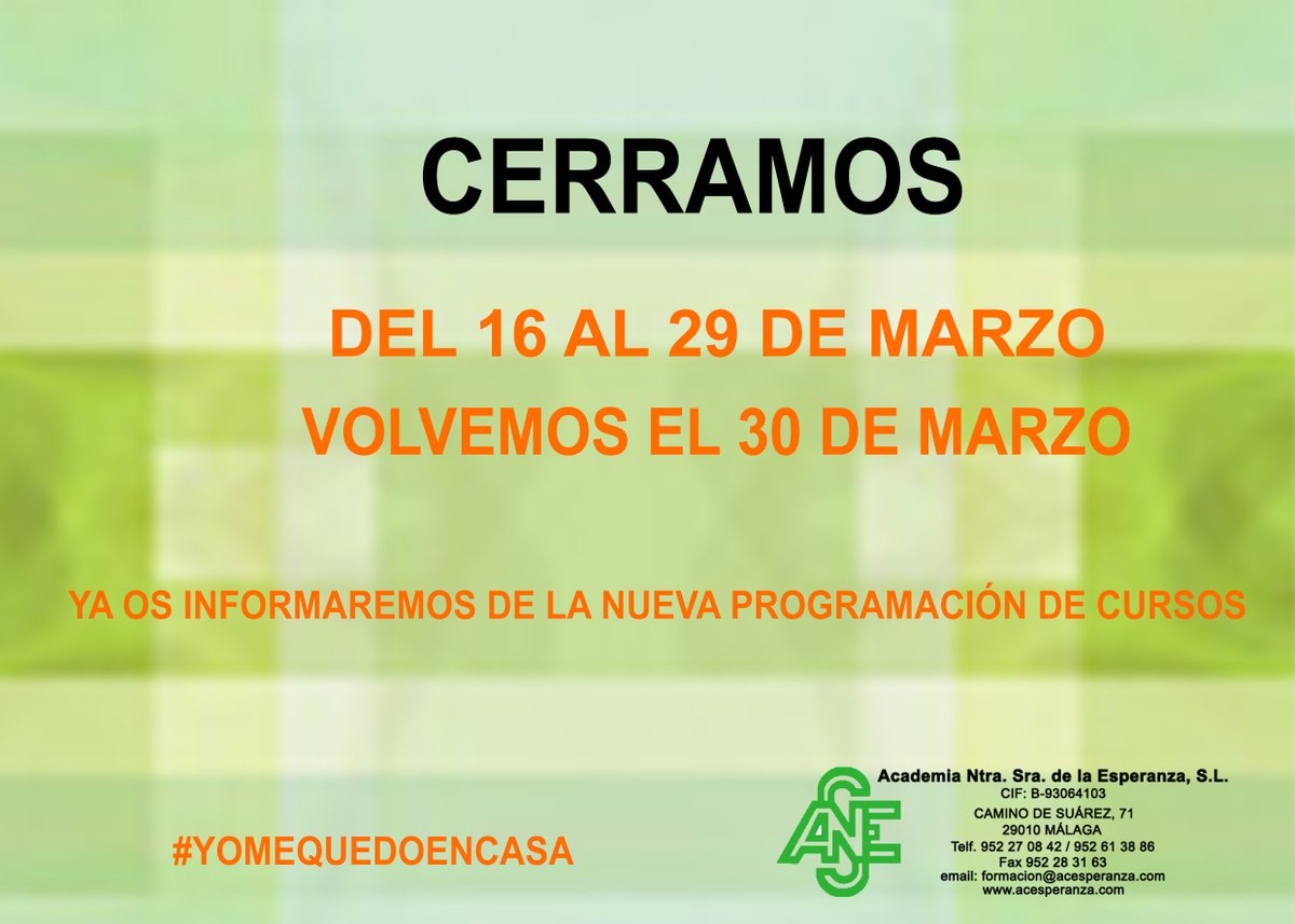 Desde el próximo lunes días 16 de marzo estaremos cerrado hasta el 29 para intentar entre todos controlar la situación que estamos viviendo. Una vez volvamos a la normalidad volveremos a programar los cursos.Disculpad las molestias. #yomequedoencasa