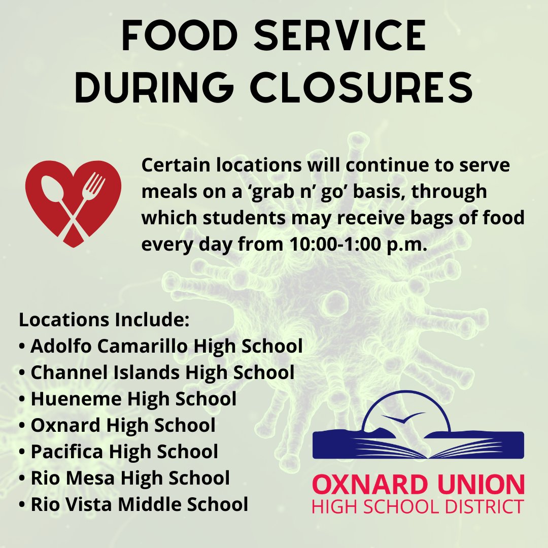 OxnardUnion's tweet photo. We will continue serving meals on a ‘grab n’ go’ basis. Any student may receive bags of food daily from 10:00-1:00 p.m. Understanding limitations of transportation for those who must be bused to school you may pick up food from these locations:
https://t.co/s1siJU5emL https://t.co/MkQiyDypJx