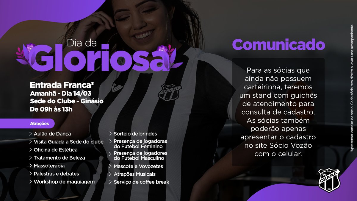 CearaSC's tweet photo. O "Dia da Gloriosa" tá chegando! Amanhã, 14/03, das 9h às 13h, as alvinegras terão um dia especial com muitas atrações e serviços em Porangabuçu.

📲 Saiba mais: https://t.co/AdCOQ09PZJ

#CearáSC #VOZÃO #DiaDaGloriosa https://t.co/wYXfqxkqRO