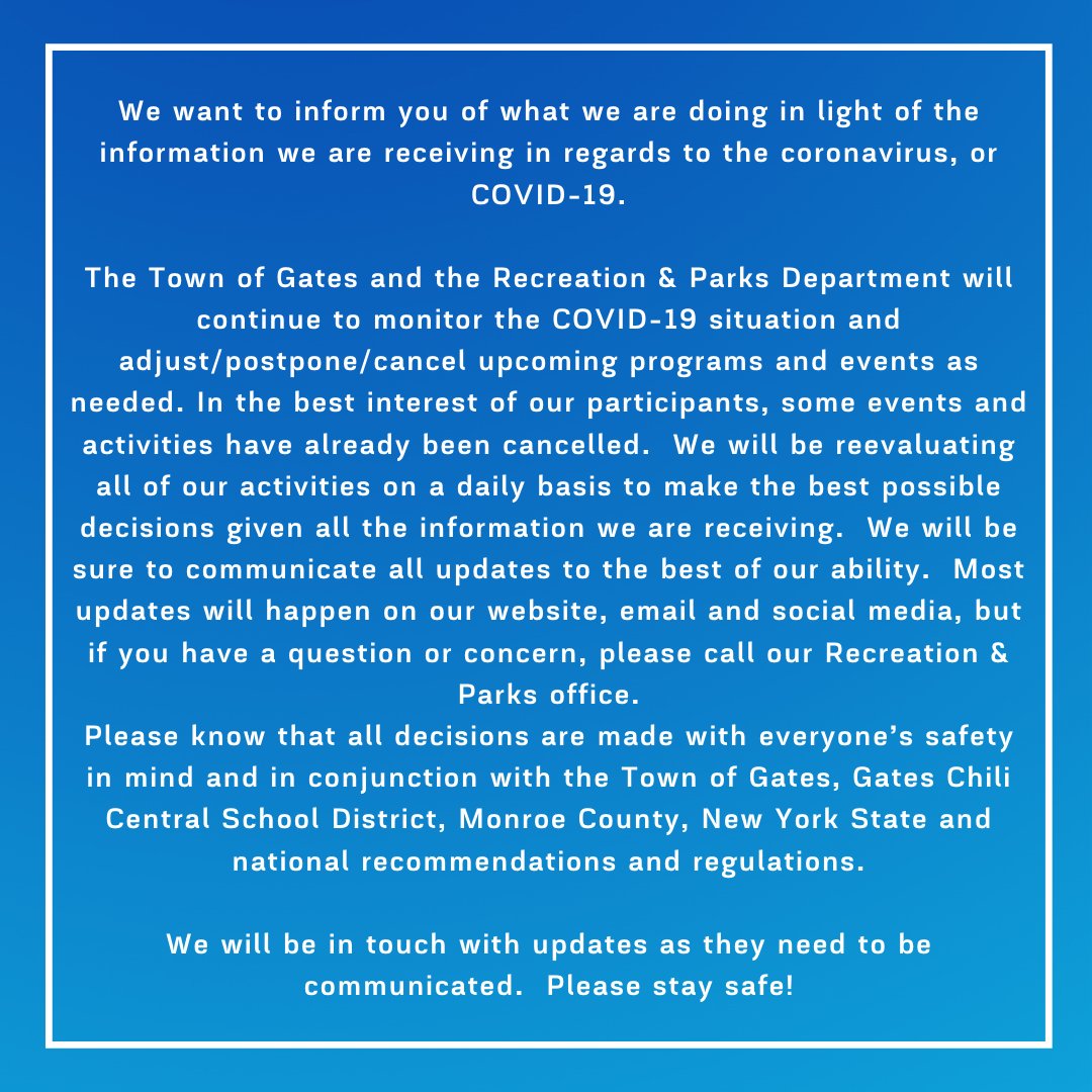 In addition to the event cancellations for Saturday, we have updates regarding our adult programming and other activities that take place at the Community Center.  Please contact us if you have any questions.
#gatesrecreation #gatesrec