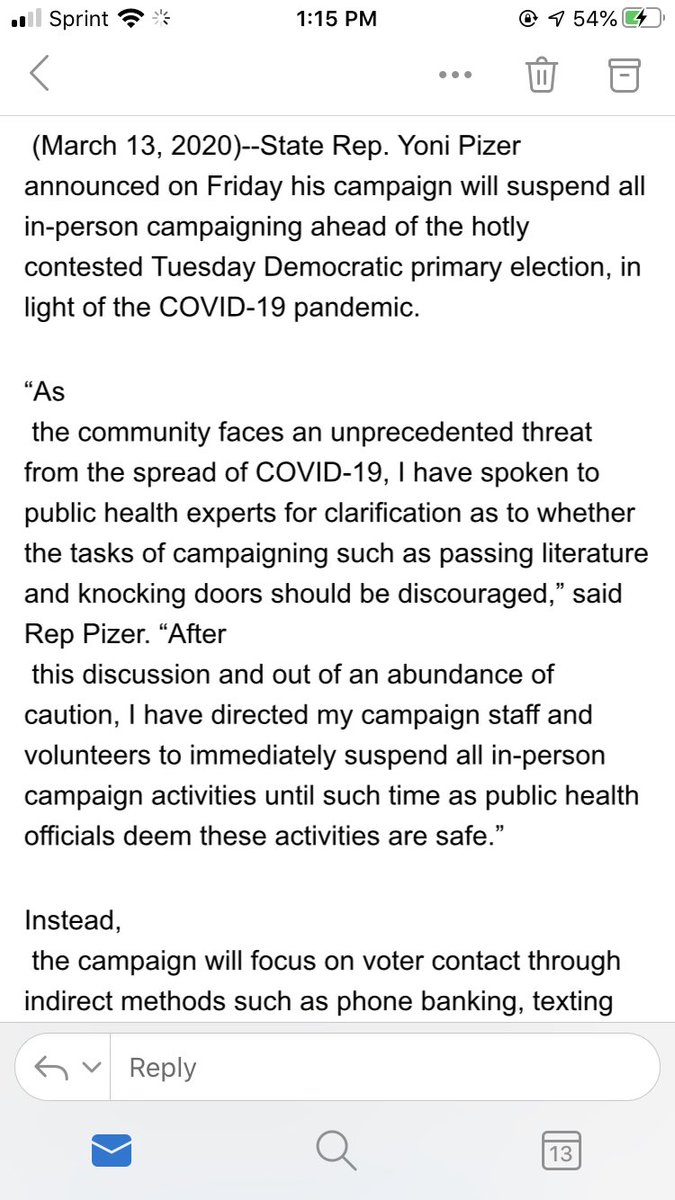 hannahmeisel's tweet photo. State Rep. @yonipizer is suspending in-person campaigning due to #COVID19, per new release. https://t.co/ZlJvODMIaR