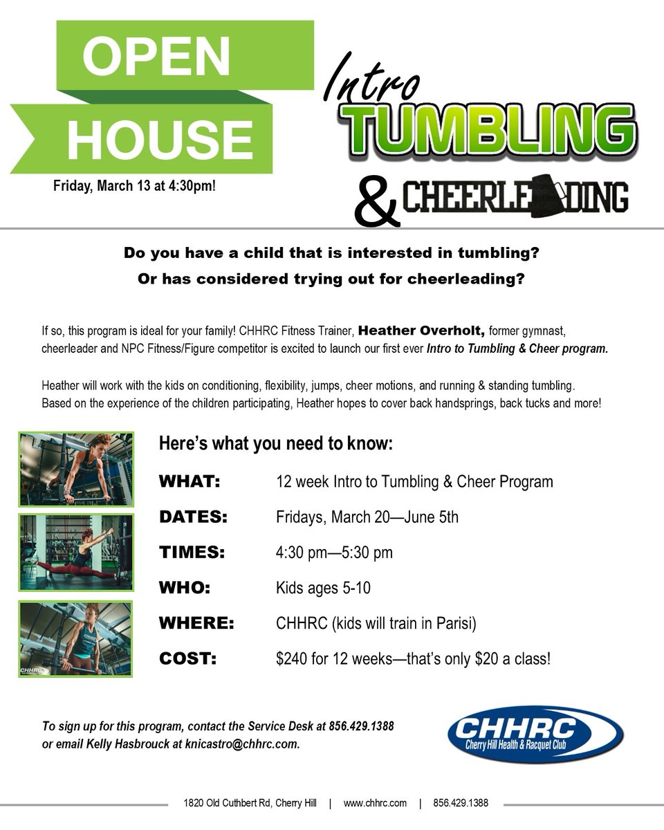 Attention Parents! It’s not too late to reserve a seat for our open house!⁣
⁣
Join former gymnast Heather Overholt on Friday, March 13th, at 4:30 PM for our Intro Tumbling &amp; Cheerleading!⁣
⁣
⁣*This will be a full class session.⁣
⁣
#chhrc #cheerleading  #tumbling #jumps