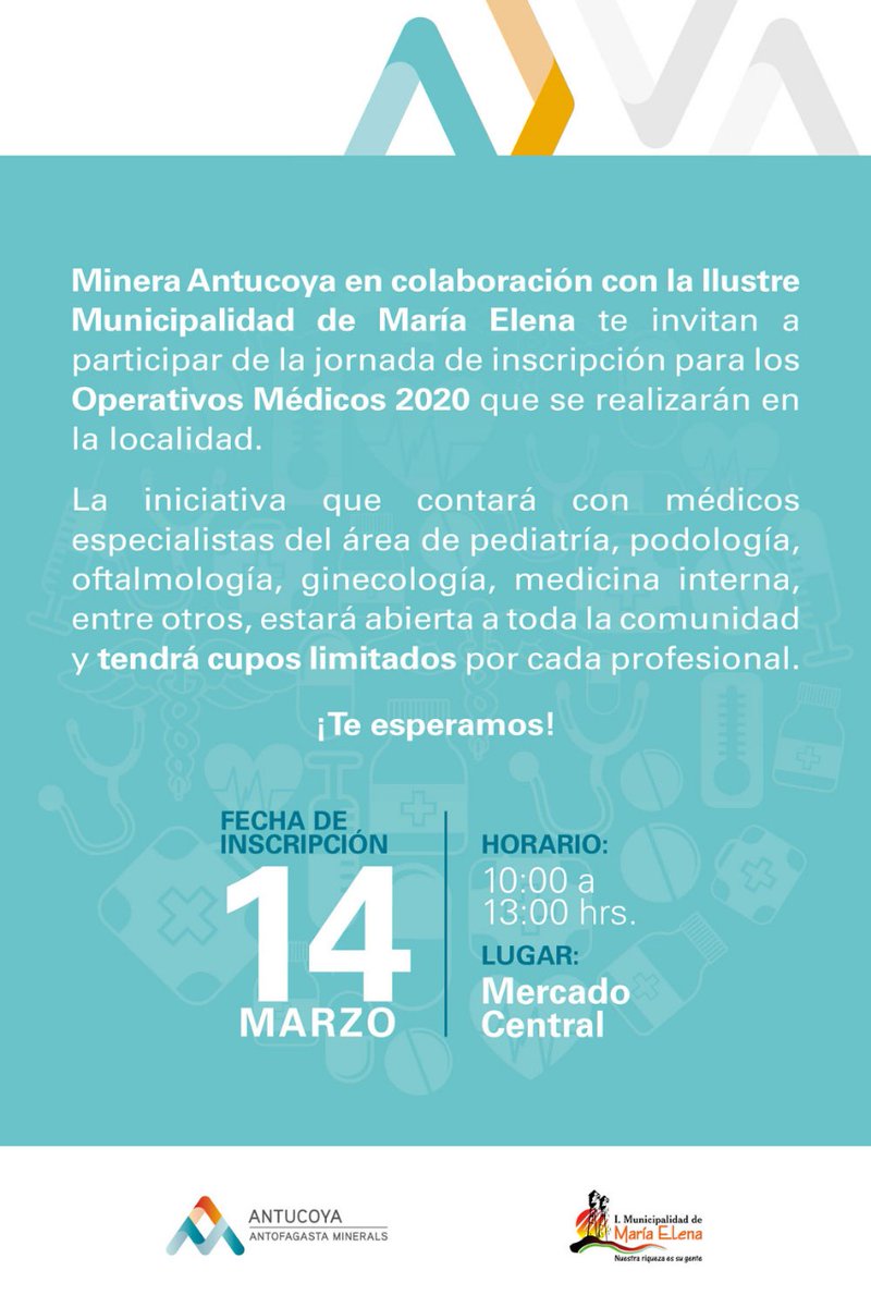 Atención  #MariaElena mañana a partir de las 10:00  horas en el Mercado Central, se estarán realizando las inscripciones para el próximo operativo médico que llevaremos a cabo en la comuna. Iniciativa conjunta con  #MineraAntucoya