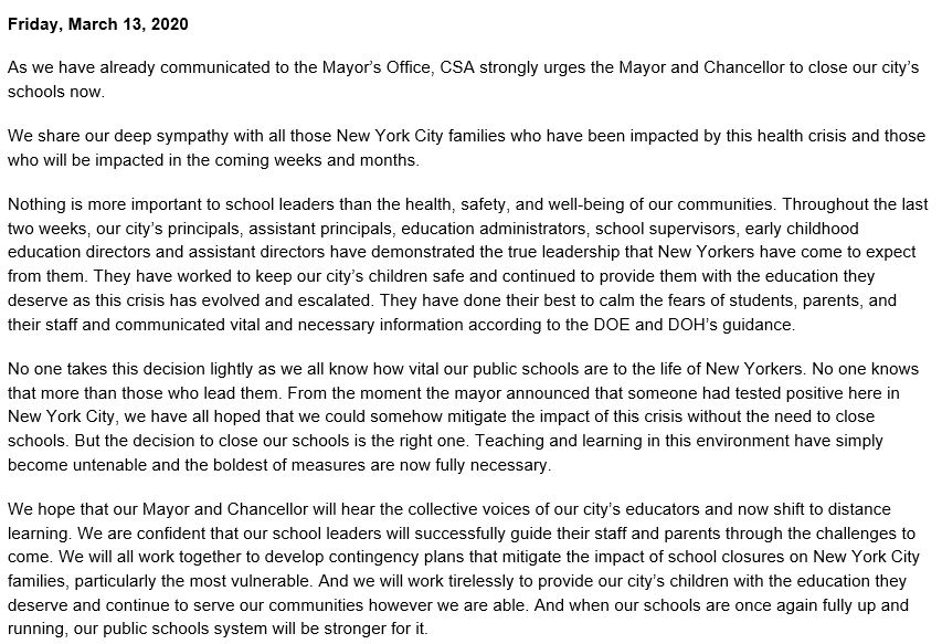 CSA strongly urges the city to close our schools. No one knows how vital public schools are more than those who lead them. But nothing is more important than the health, safety &amp; well-being of our communities. We hope the city will hear the collective voice of NYC educators.