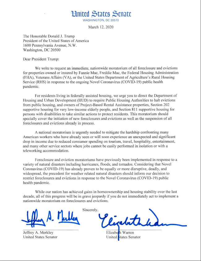 iansmadrig's tweet photo. Senators Elizabeth Warren and Jeff Merkley just called for a national moratorium on evictions, recognizing the economic toll of the coronavirus outbreak on working folks.

This is leadership. Other electeds need to join this effort ASAP. https://t.co/HxvXMPIcv4 https://t.co/26U72MP4CY