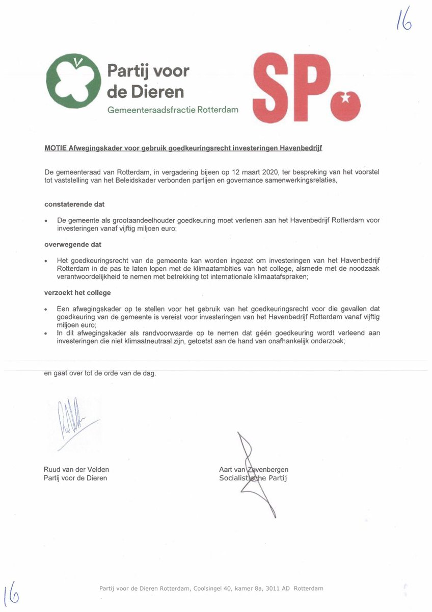 Stemmingen van gister: Motie 5 aangenomen (22-18). Motie 14 verworpen (11-29). Motie 15 verworpen (18-22). Motie 16 verworpen (9-31). Schande! Alleen @NidaRotterdam <a href="/SPRotterdam/">SP Rotterdam</a> @PvdDRotterdam @Rotterdam50plus stemden telkens vóór n houdbare toekomst. Lees facebook.com/RotterdamsKlim…