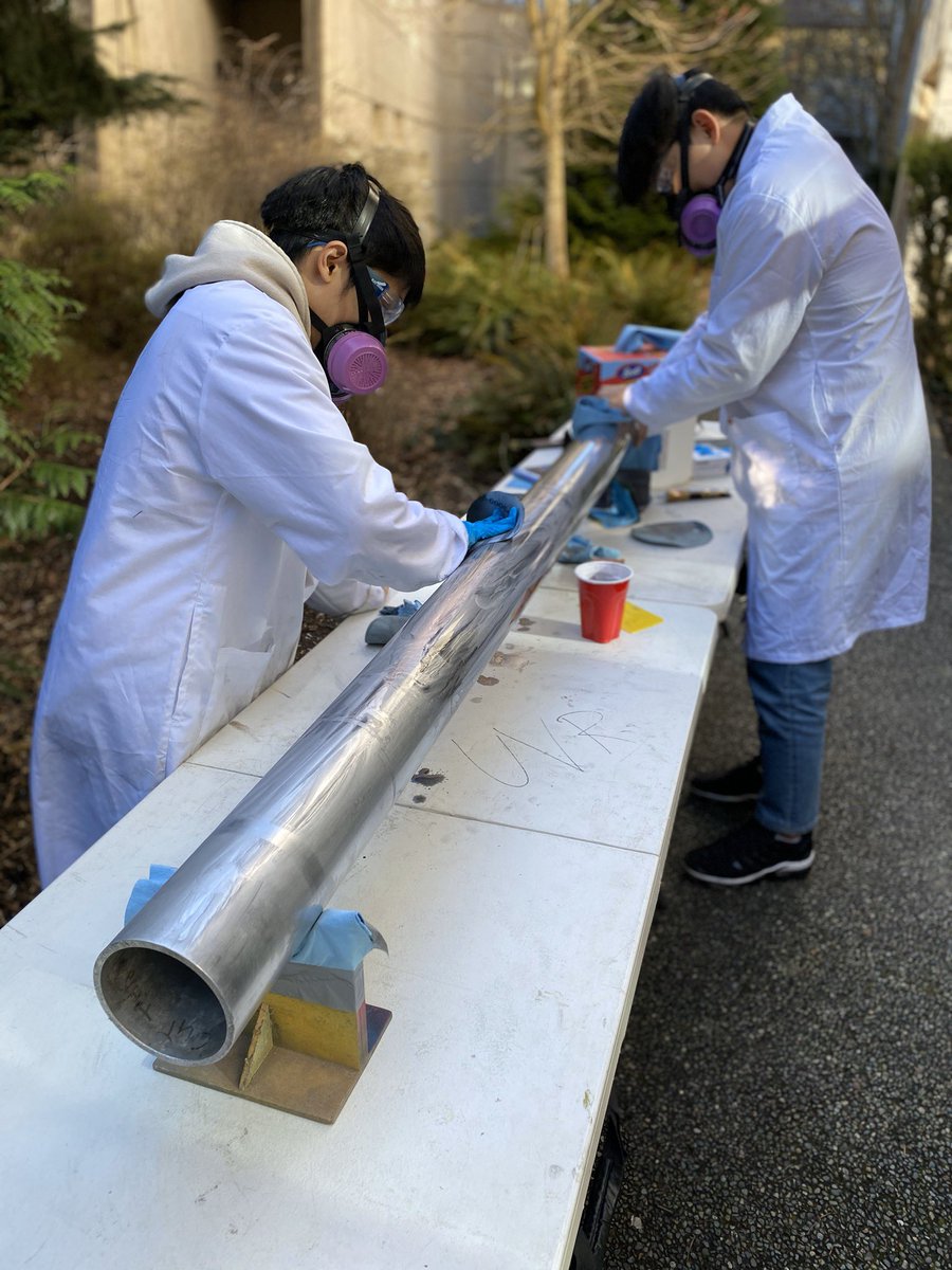 UVicRocketry's tweet photo. Preparing the mandrel for a layup is quite the satisfying task, going from dull surface to a shiny one. This allows for high quality surface finishes on our layups! 🚀 https://t.co/qvRjtyslAa