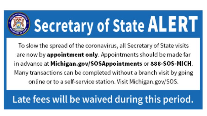 Michigan Department Of State On Twitter Michigan Secretary Of State Jocelynbenson Announces Move To Temporary Appointment Only System For Branch Office Visits Effective Immediately To Protect Public Health Due To Coronavirus Concerns