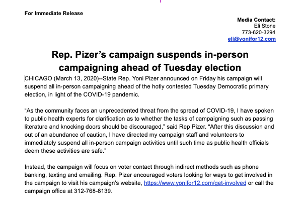 yonipizer's tweet photo. An update on our campaign:

In the interests of public health and in an abundance of caution our campaign will suspend all in-person campaign activities effective immediately until such time as public health officials deem these activities are safe. 

Here is my full statement: https://t.co/RHqj9POYWm