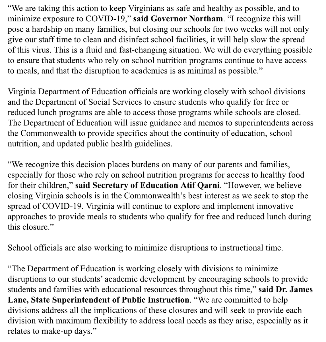 CamThompsonCBS6's tweet photo. #BREAKING: Governor Ralph Northam is ordering that ALL K-12 schools in Virginia close for a minimum of two weeks as a precaution against #coronavirus/#COVID19.

@CBS6 https://t.co/7XMC4s9tBx