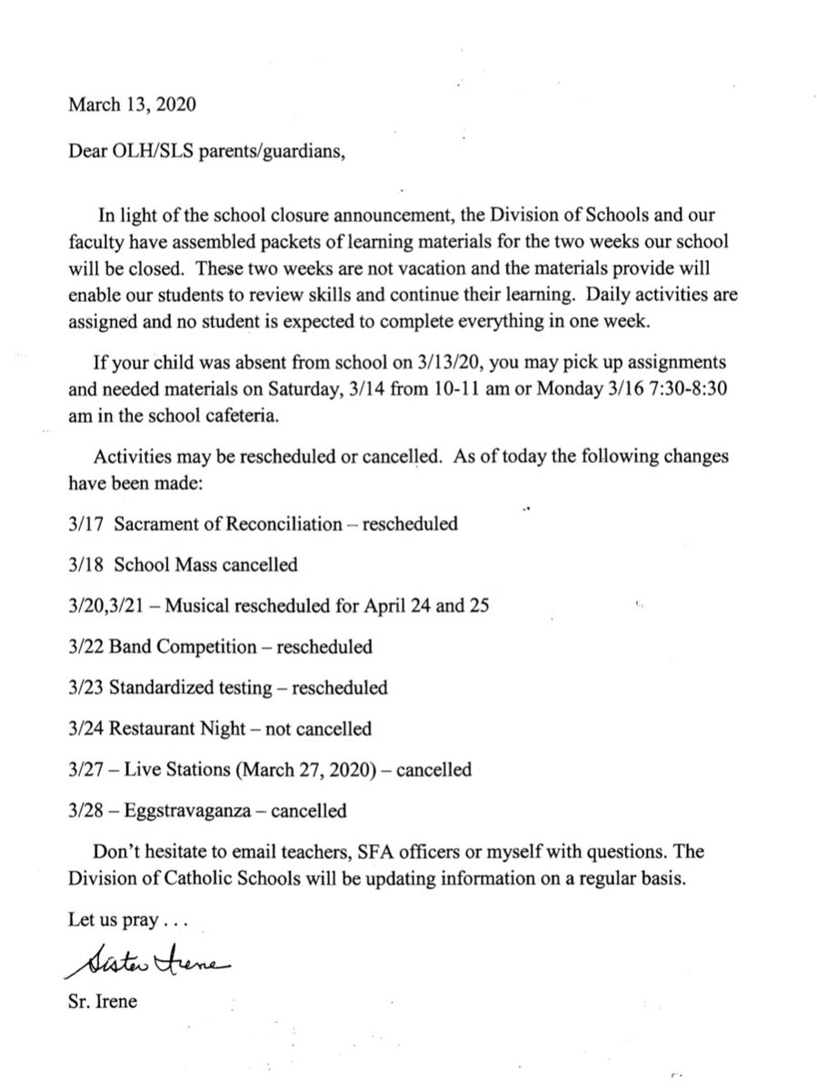 olhsl's tweet photo. Here is an update from School Principal, 
Sister Irene. Make sure to continue checking our page for updates. 

#AOBCatholicSchools https://t.co/pdGH6HorWX