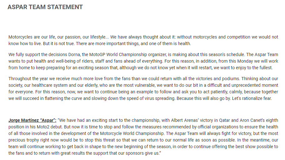matoxley's tweet photo. This statement from Team Aspar should serve as a template for all MotoGP team statements https://t.co/WR7MnhpfxA