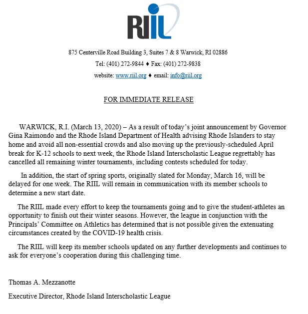 RIIL_sports's tweet photo. The RIIL regrettably has cancelled all remaining winter tournaments, including contests scheduled for today. In addition, the start of spring sports, originally slated for Monday, March 16, will be delayed for one week.  
READ more here: https://t.co/kJeACnhbLe https://t.co/7NPJK37PSz