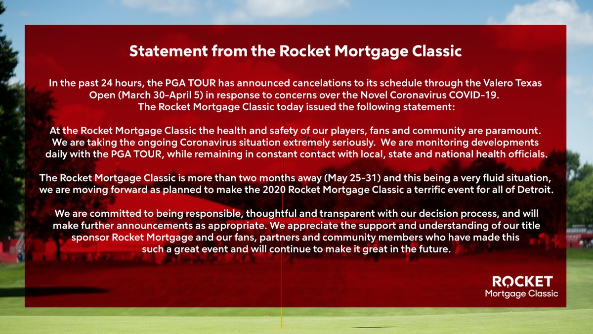 An update from the #RocketMortgageClassic regarding COVID-19.