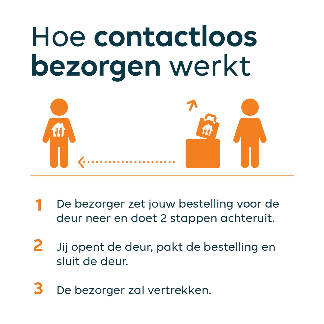 Coronavirus - Update Als je voor een online betaalmethode kiest, wordt je bestelling geleverd zonder fysiek contact met de bezorger. De bezorgers is gevraagd om de bestelling voor je deur neer te leggen, aan te bellen en op een afstand te wachten totdat je het in ontvangst neemt.