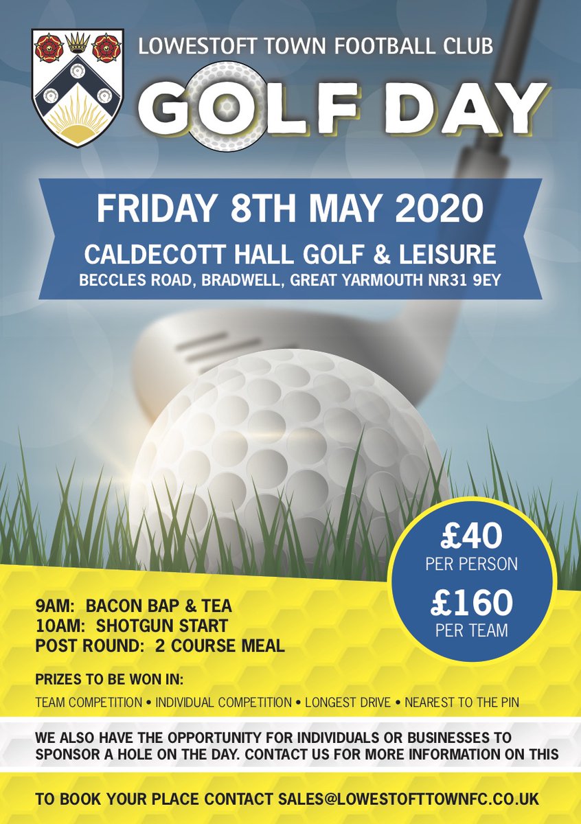 OFCLTRAWLERBOYS's tweet photo. Tee Off with Tann, Birdie with Bammo or Hack round with Higgs - sign up NOW for the Lowestoft Town FC Golf Day!!

⛳️Caldecott Hall 
📅 Friday 8th May 2020
⌚️ 10am shotgun start
🥪 bacon roll on arrival &amp; 2 course sit down meal after
💻 contact sales@lowestofttownfc.co.uk to book https://t.co/Aiu7x3kKGp