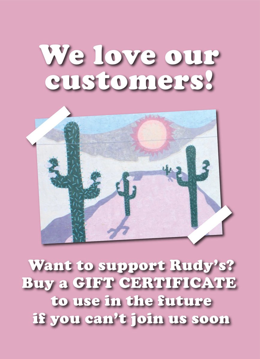 RudysCafe1982's tweet photo. 👋 Hi loyal Rudy's community! Fear of the COVID-19 virus is keeping people away from local restaurants and bars who usually operate on small margins. Everyone's safety and health comes first, and we at Rudy's want to personally thank you for trusting us as your neighborhood 1/3 https://t.co/t0JXD9Y7Pz