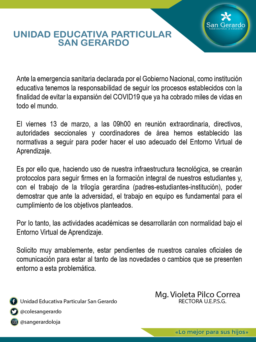 colesangerardo's tweet photo. #SgInforma Comunicado oficial ante la emergencia sanitaria que vive nuestro país. Trabajaremos en el Entorno Virtual de Aprendizaje para que nuestros estudiantes no se vean perjudicados.
#SgPreparado #SomosSanGerardo https://t.co/0Rcu616t4u