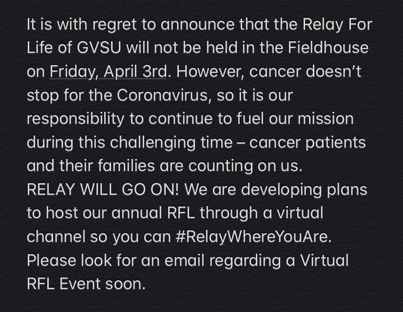 Read ⬇️⬇️ and be in the lookout for emails reguarding our virtual Relay For Life!