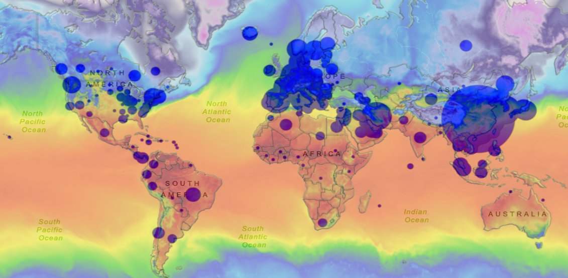 It's too soon to know if #covid19 will ebb in summer, as the flu does, but here's the current JHU case map superimposed on a global temperature map for this time of year

Lots of caveats about population distribution and testing rates, but colder areas have been harder hit so far