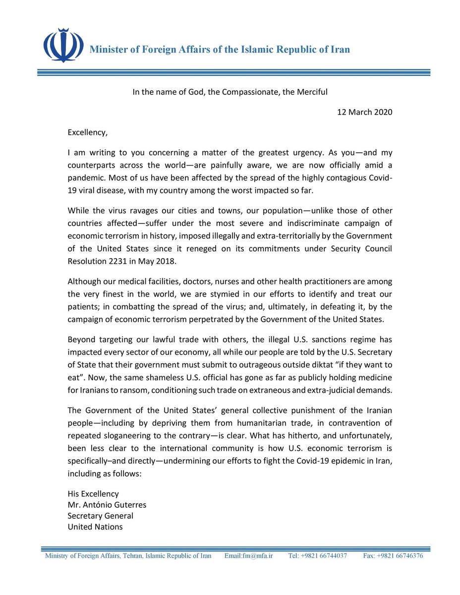JZarif's tweet photo. In letter to UN SG @antonioguterres, I urge the world body—and member states—to disregard inhuman US sanctions on my country. And insist that they be lifted.

As the #COVID19 ravages Iran, we should recognize that viruses don't discriminate. To fight them, neither should humans. https://t.co/YDqw9fKzHl