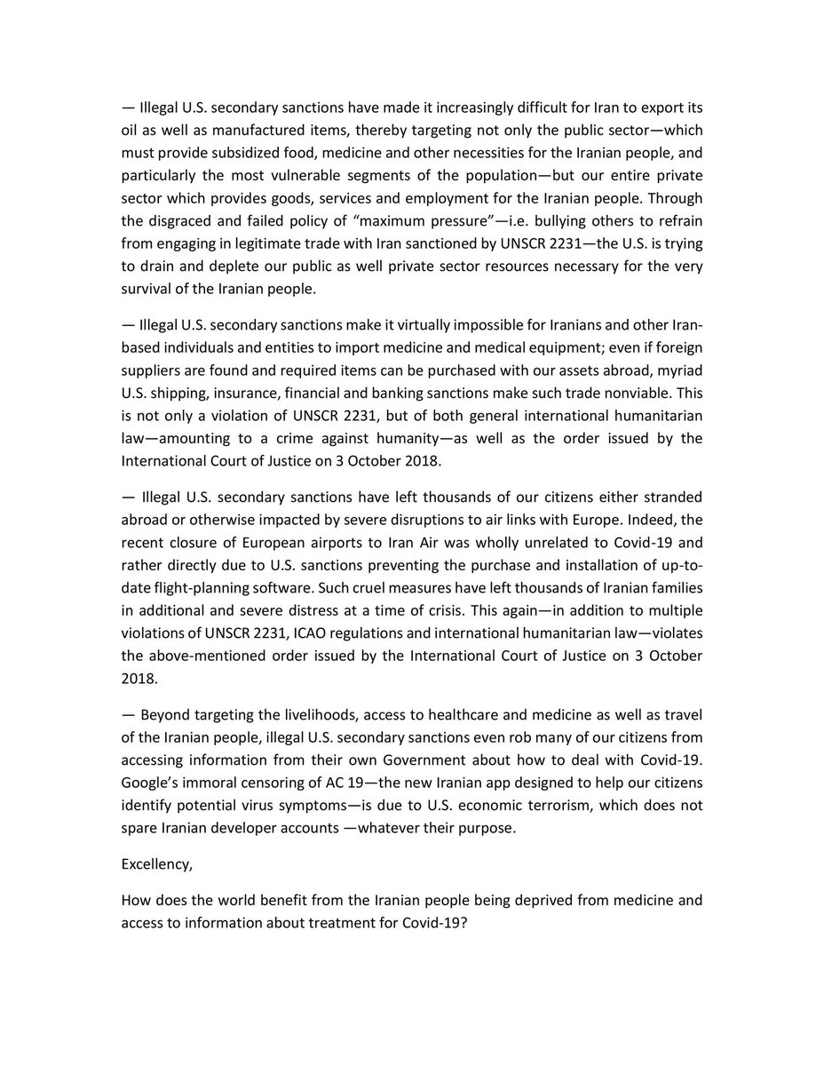 JZarif's tweet photo. In letter to UN SG @antonioguterres, I urge the world body—and member states—to disregard inhuman US sanctions on my country. And insist that they be lifted.

As the #COVID19 ravages Iran, we should recognize that viruses don't discriminate. To fight them, neither should humans. https://t.co/YDqw9fKzHl