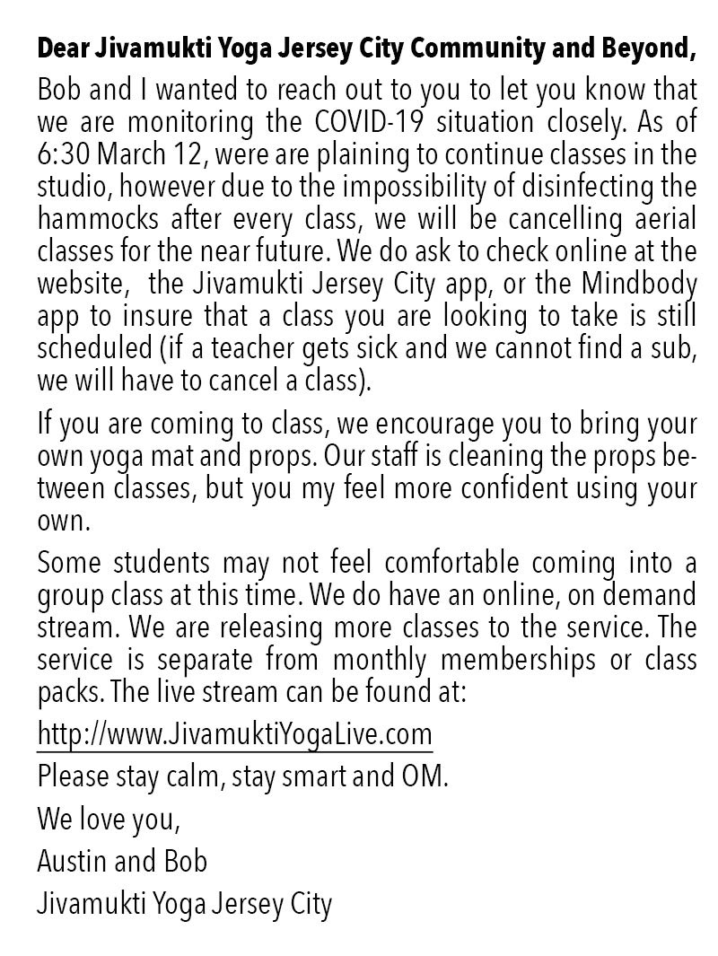 #jivamuktiyoga #jivamuktiyogalive #Covid_19 #onlineyogaclasses #livestreamyoga #yogaathome #yoga #yogavideo #yogaanytime #athome #yogagirl #yogamat #yogaday #dayoff #workingfromhome #panicbuying #meditation #DontPanic #onlinelearning #online