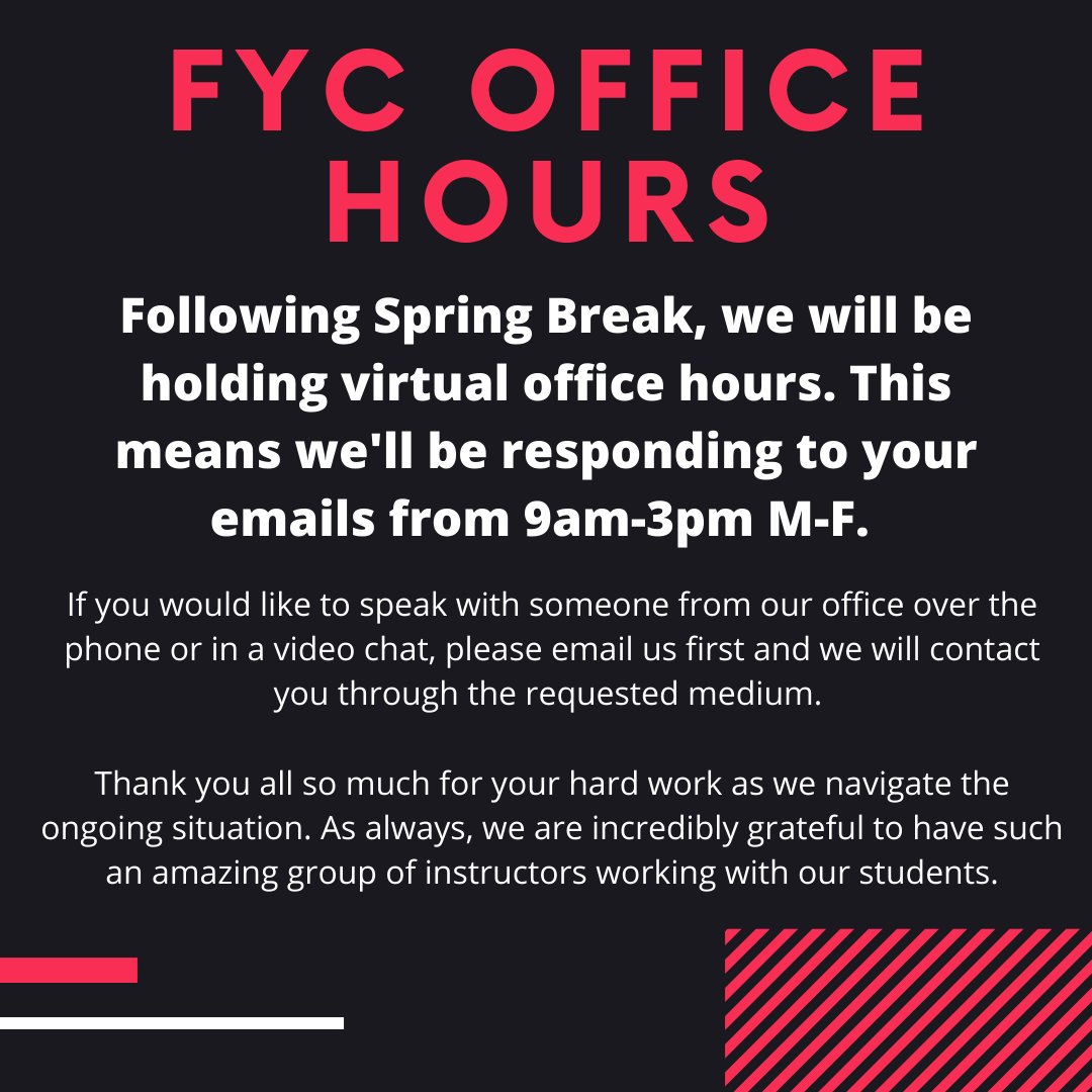 oufyc's tweet photo. Even though campus is closed, FYC is keeping virtual office hours. Send us an email at fyc@ou.edu! https://t.co/hNKY6rhL1R