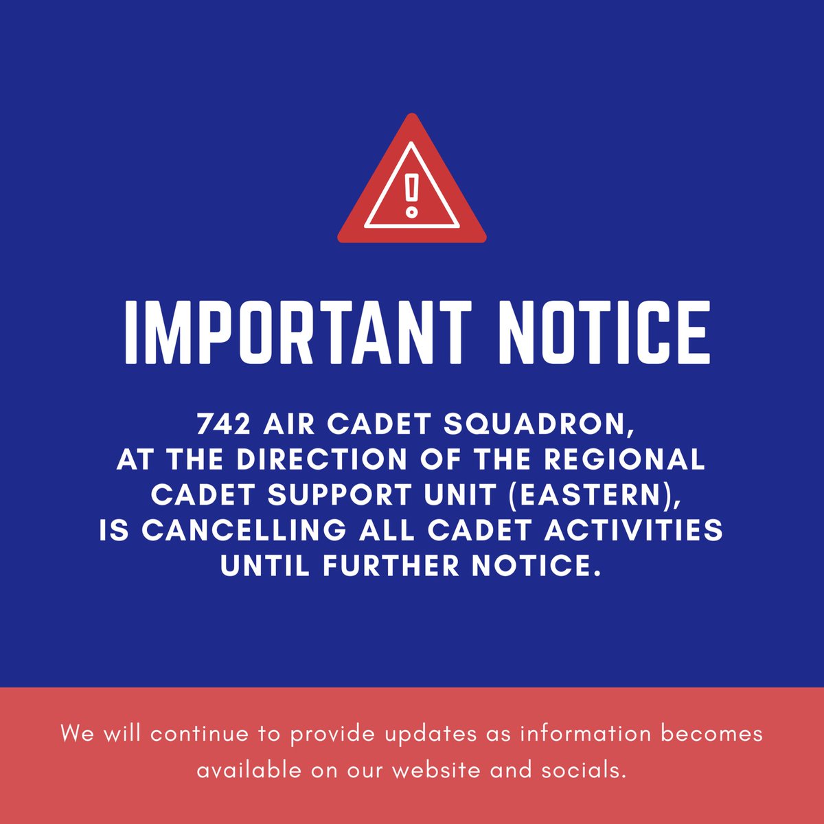 742Squadron's tweet photo. COVID-19 Update: The National Cadet and Junior Canadian Rangers Support Group has been directed to adopt an aggressive posture to minimize personnel risk of exposure and to prevent the CAF and cadets from becoming a transmission vector. https://t.co/GHyWxQhUgt