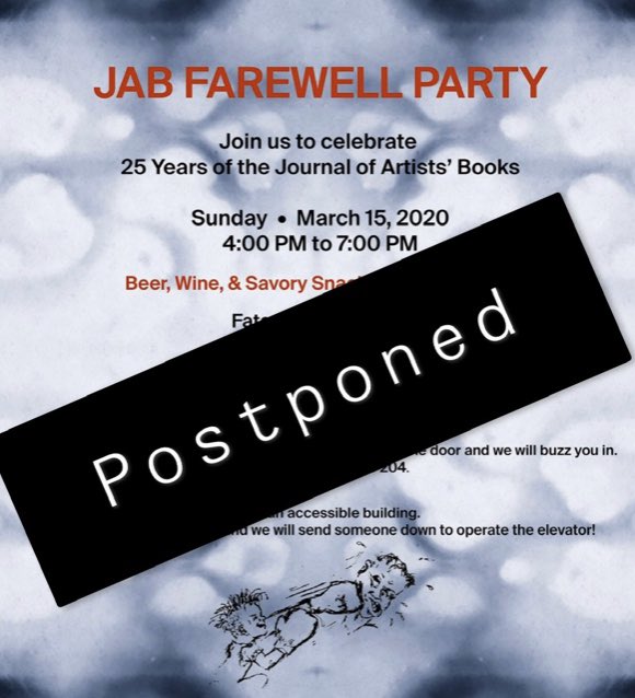 Dear friends, students, faculty, and alumni,

The Art and Art History Department will be postponing the JAB farewell party until further notice.

Many thanks to alumni Amy Leners, Mary Clare Butler and Angela Davis Fegan at Fata Morgana Press for their generosity and patience.