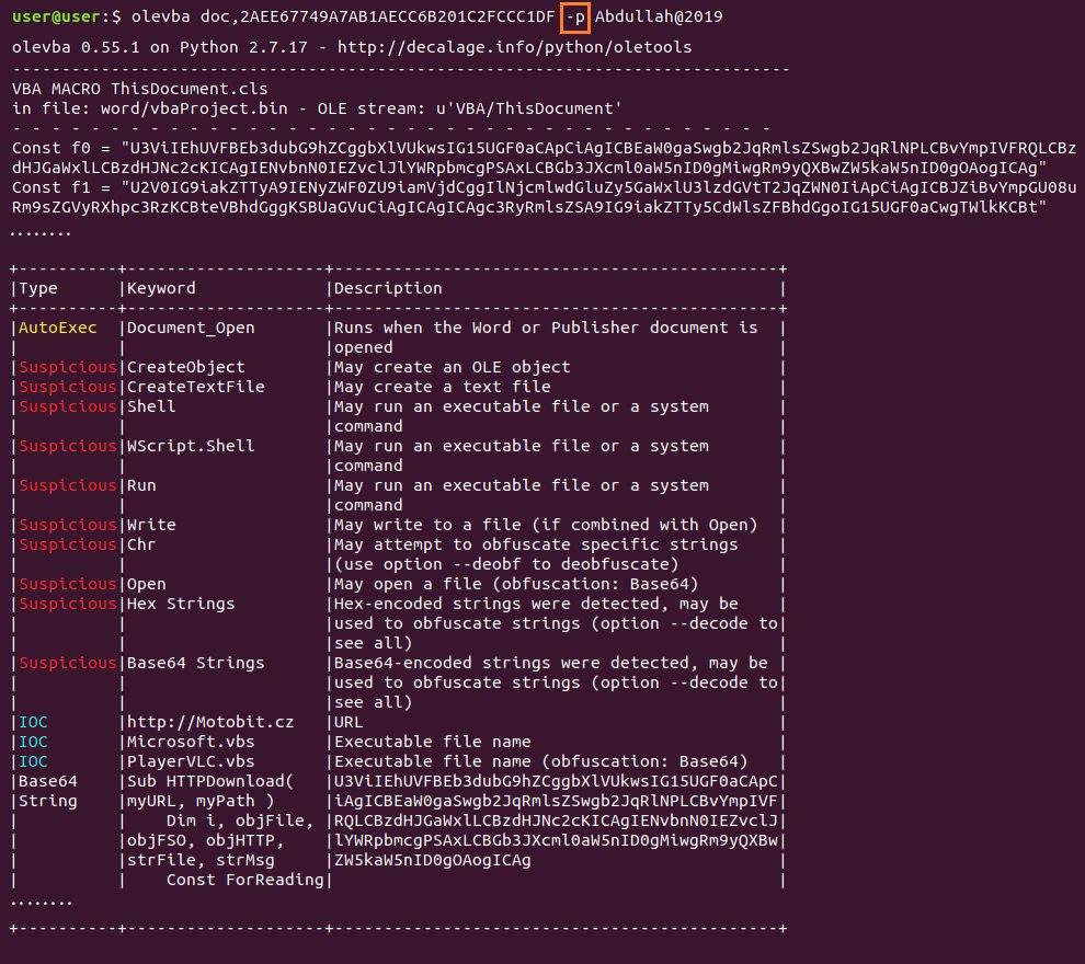 ochsenmeier's tweet photo. A few days ago, I realized that olevba has a switch to analyze a #Malware DOC file that is password protected! @decalage2  #DFIR https://t.co/p0JVBQJclt