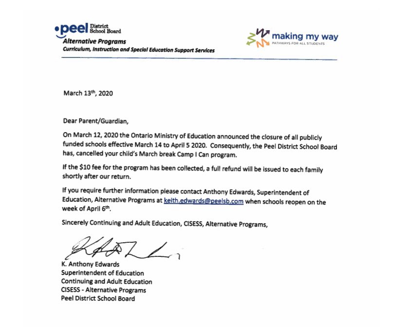 UPDATE <a href="/fmssarrows/">Fletcher's Meadow S.S.</a>: March Break Camp I Can has been cancelled. Ss will receive a full refund after the break. Details to follow.