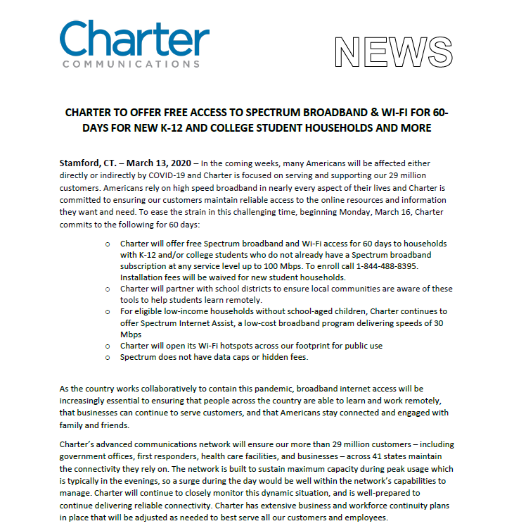 CheektowagaInfo's tweet photo. Cheektowaga residents with K-12 or college students: Charter has decided to give 60 days of free 
@GetSpectrum broadband and Wi-Fi access up to 100 mpbs to assist with academic disruptions due to the #Coronavirus.  Installation fees are waived.  Call 1-844-488-8395. https://t.co/W1M9LZ1YQy