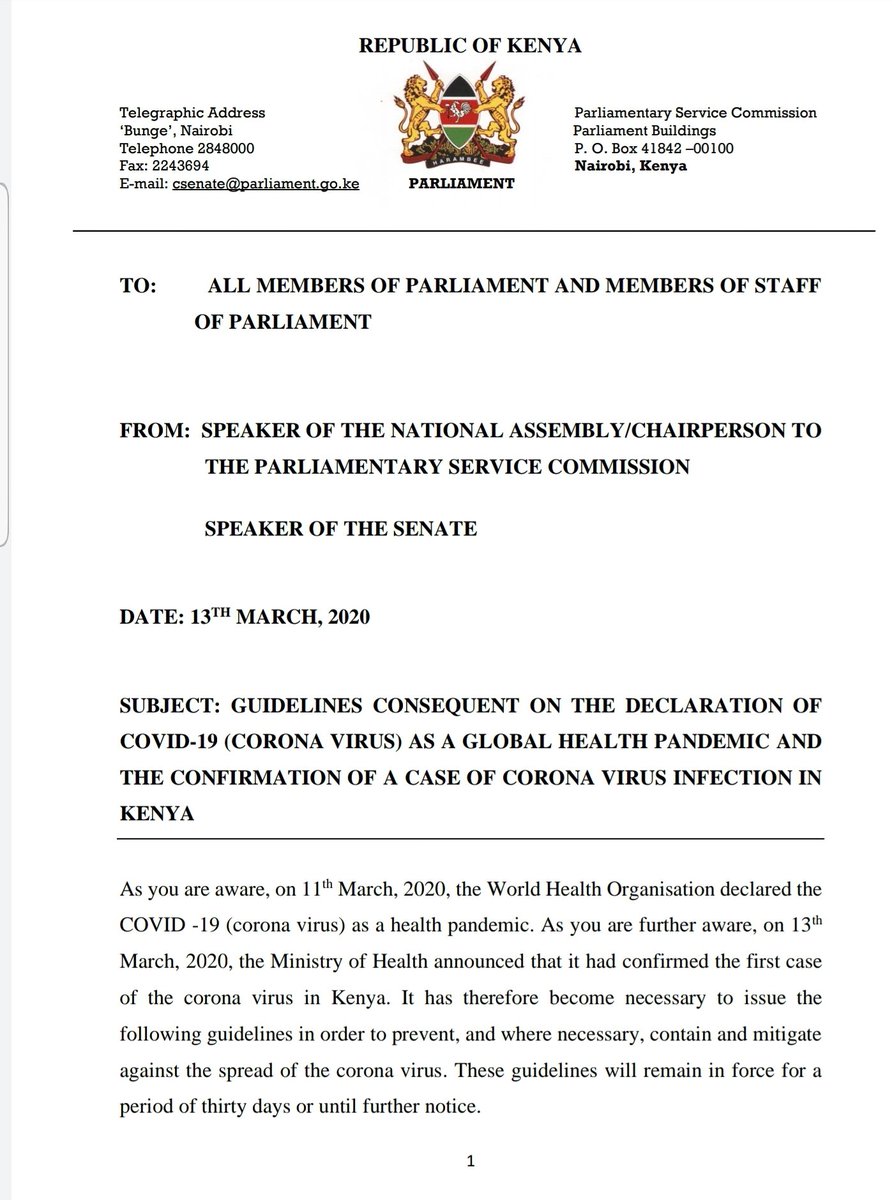NAssemblyKE's tweet photo. The Parliamentary Service Commission, in a Joint Communique (attached) from the Speakers of both Houses @SpeakerJBMuturi and @Ken_Lusaka has issued Guidelines to Members of Parliament and Staff, with regards to the Declaration of COVID-19 (Coronavirus) as a Pandemic. https://t.co/eMnEokfBoq